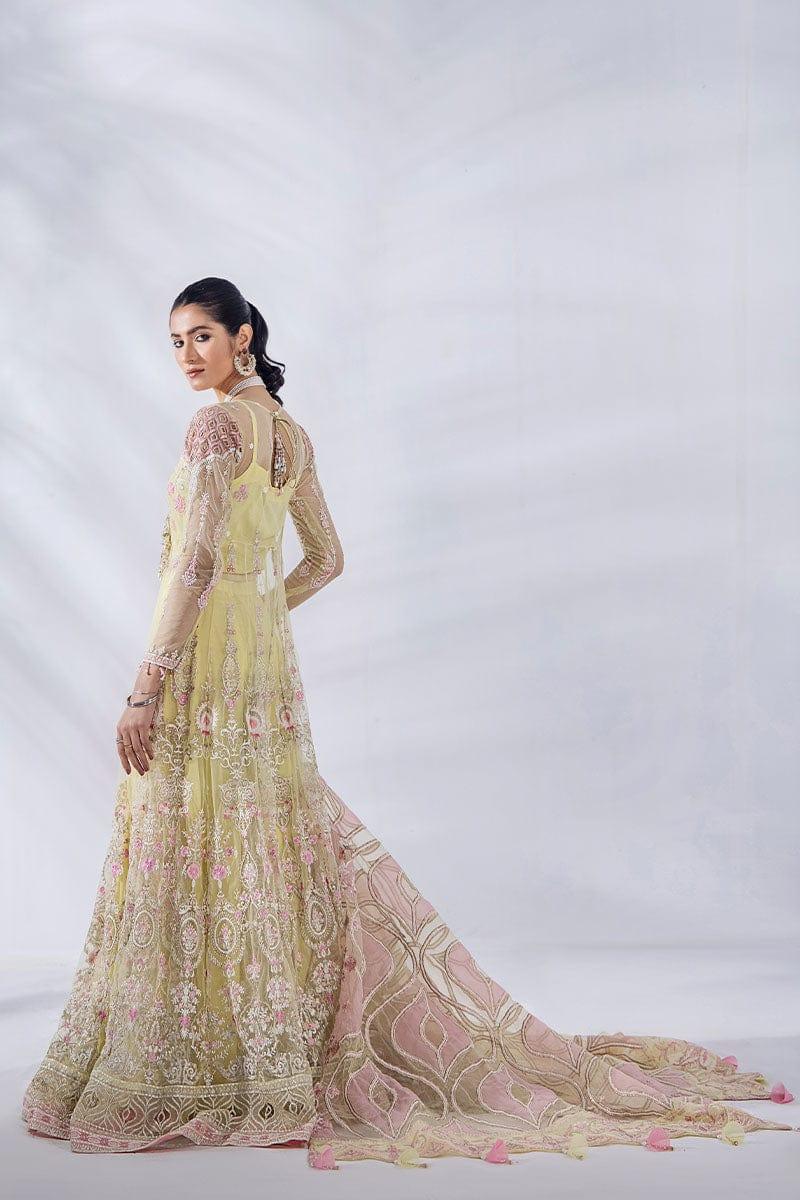 Malook - Diara - Yellow & Pink - Embroidered Net - 3 Piece - Unstitched