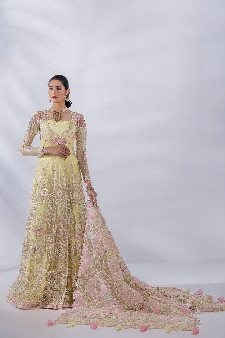 Malook - Diara - Yellow & Pink - Embroidered Net - 3 Piece - Unstitched