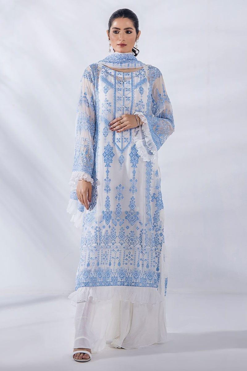 Malook - Julia - Blue & White - Chiffon Embroidered - 3 Piece - Unstitched