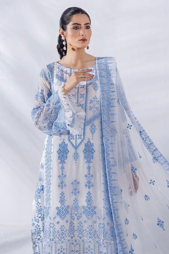 Malook - Julia - Blue & White - Chiffon Embroidered - 3 Piece - Unstitched