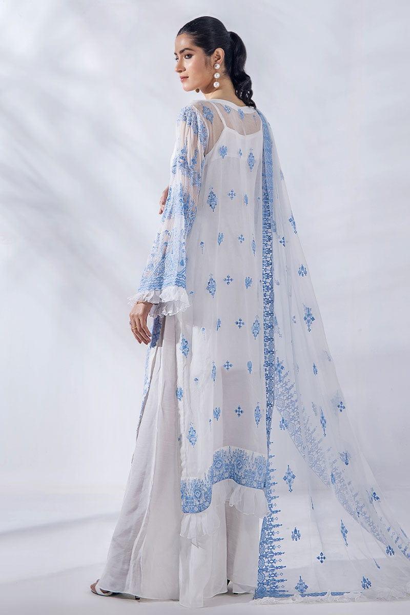 Malook - Julia - Blue & White - Chiffon Embroidered - 3 Piece - Unstitched