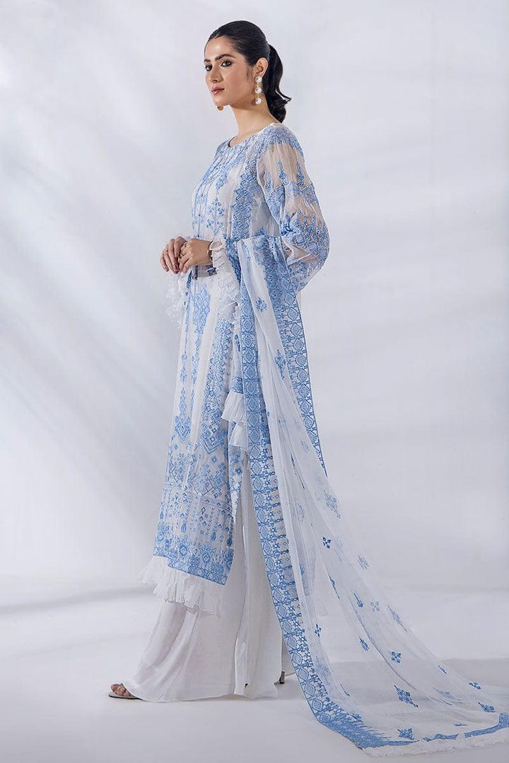 Malook - Julia - Blue & White - Chiffon Embroidered - 3 Piece - Unstitched