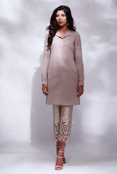 Natasha Kamal - Mell Beige Soft Collared Tunic & Handcrafted Applique Pants