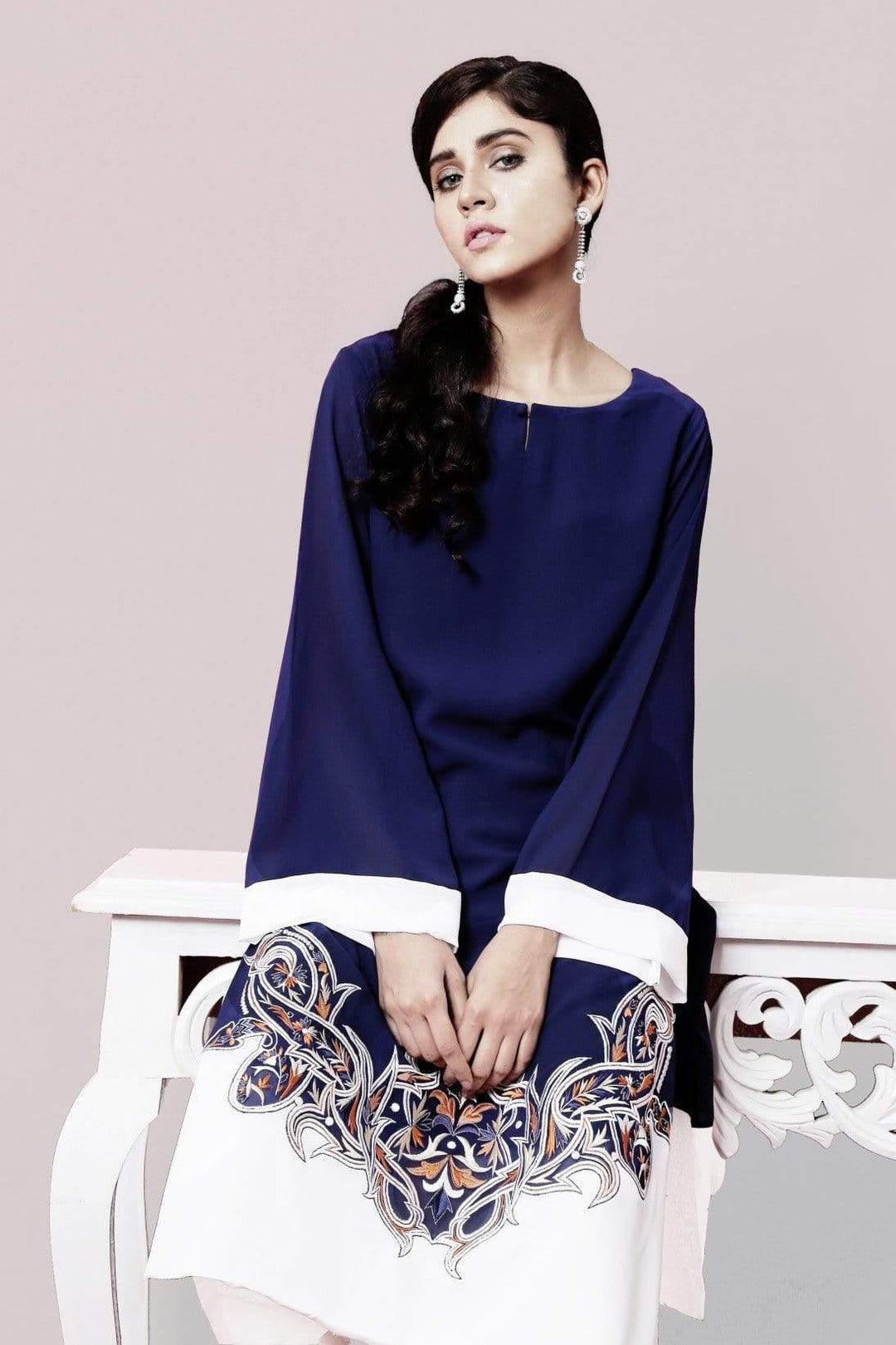 Natasha Kamal - Navy Tunic with Embroidery and White Colour Block Daman (Tunic)