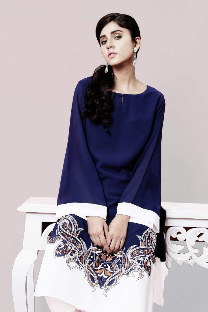 Natasha Kamal - Navy Tunic with Embroidery and White Colour Block Daman (Tunic)