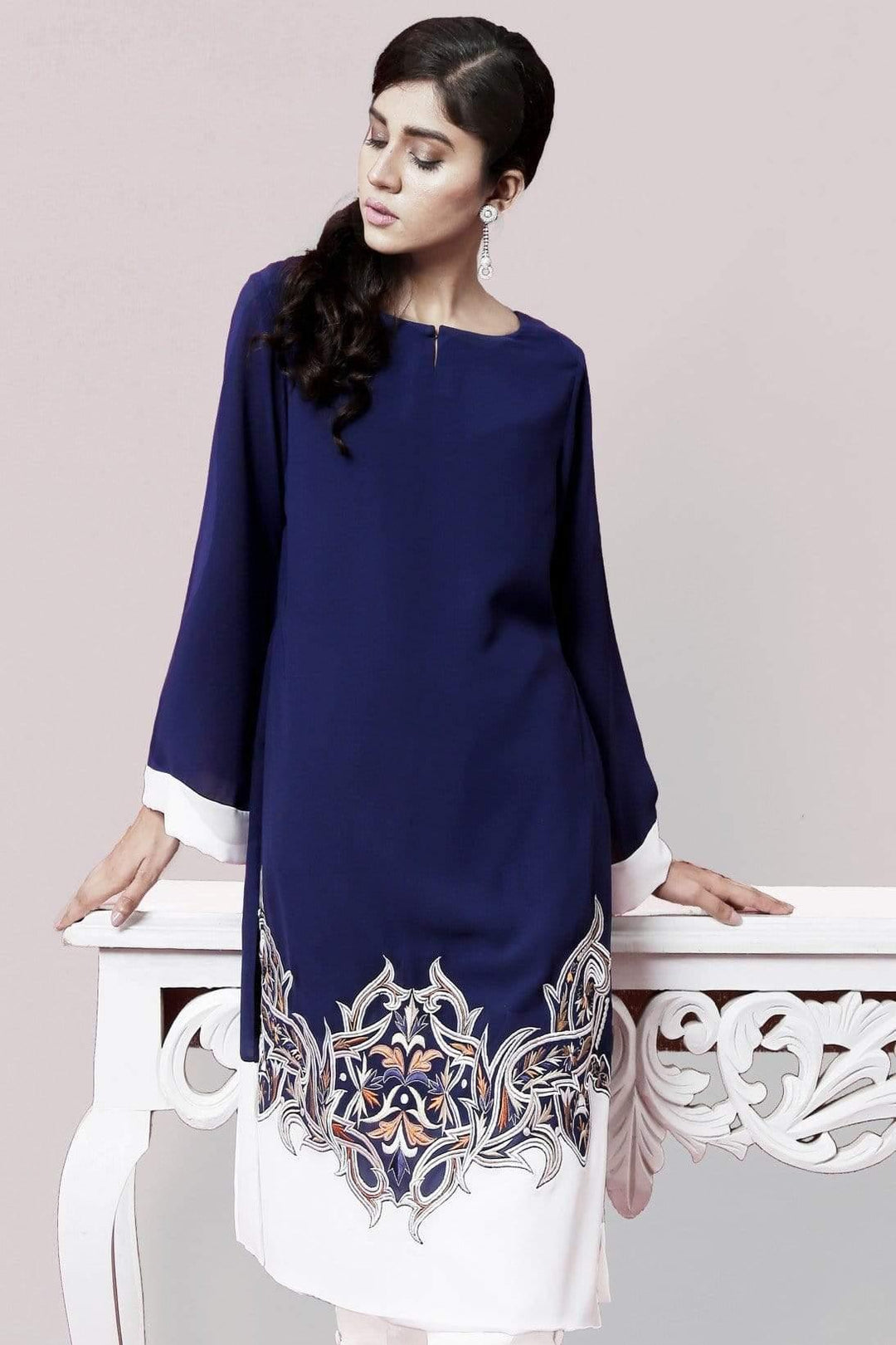 Natasha Kamal - Navy Tunic with Embroidery and White Colour Block Daman (Tunic)