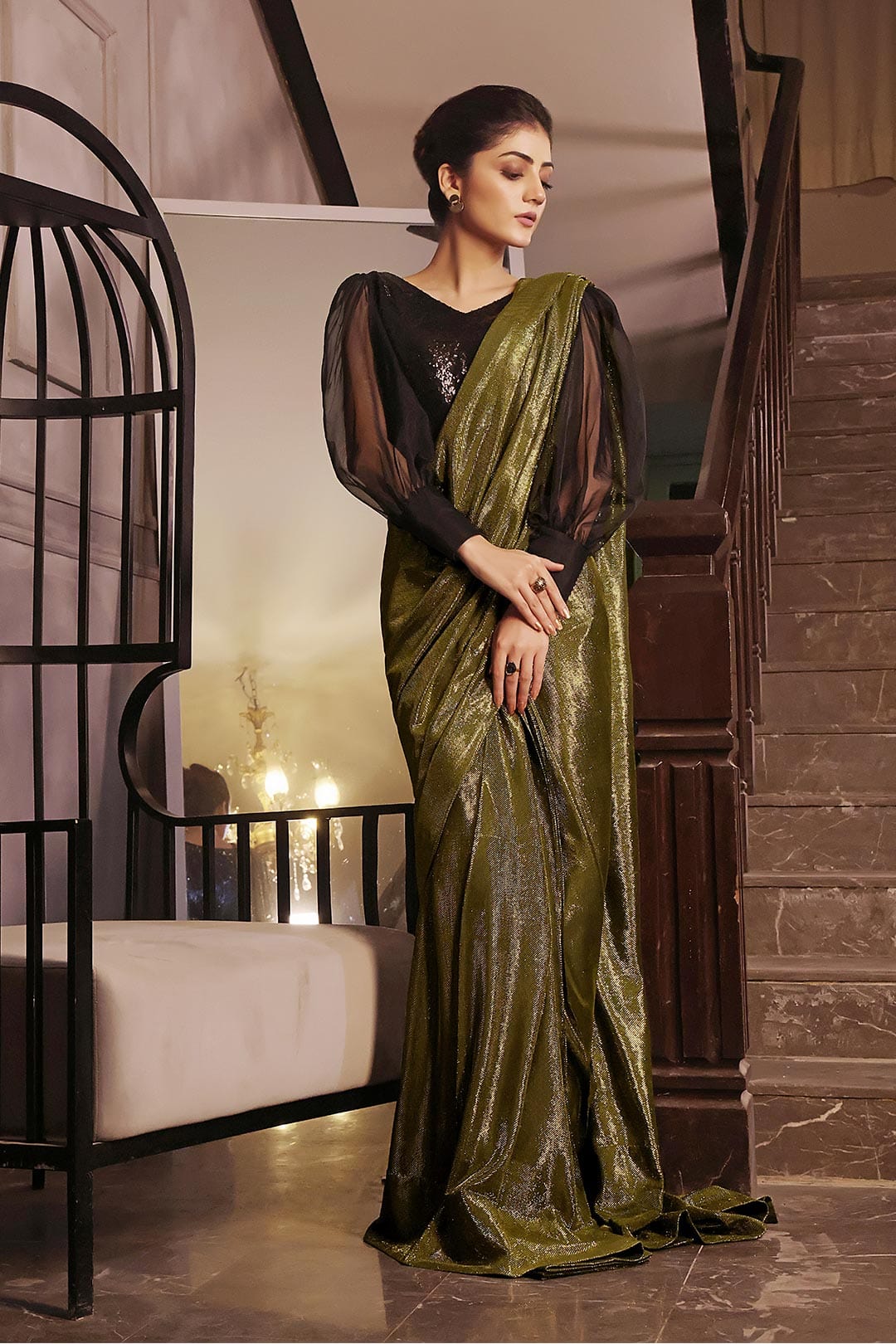 Sanas - Solid Moonlight Saree with Sequins Puffed Top | COCKTAIL | SR202236