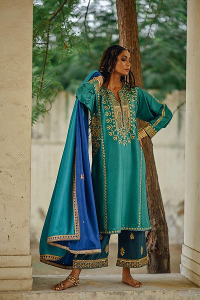 Sanam Chaudhri - Sea Green Raw Silk Shirt with Izaar and Dupatta - Studio by TCS