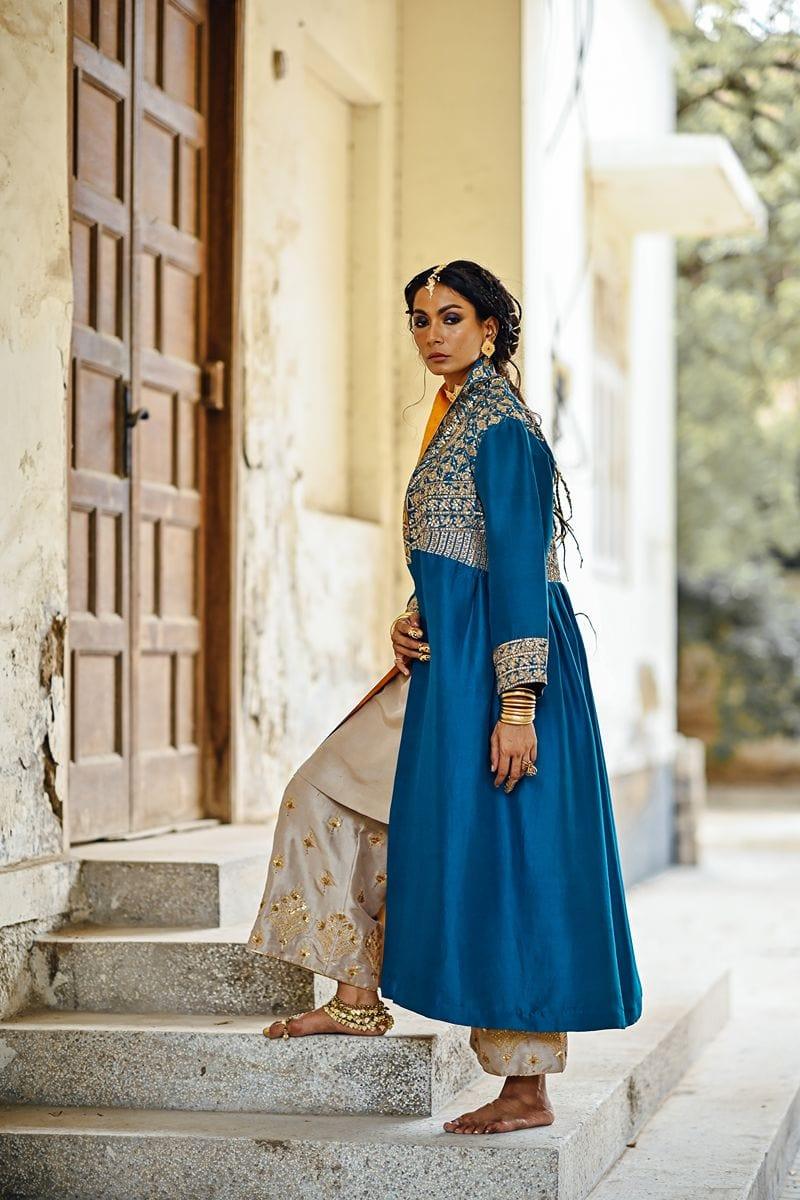 Sanam Chaudhri - Raw Silk Blue Coat with Inner Shirt and Izaar - Studio by TCS