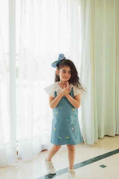 Hummingbirds - Embroidered Denim Pinafore Dress - Studio by TCS
