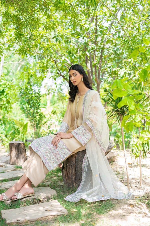 Natasha Kamal - Nude Cotton Net Shirt and Viscose Silk Pants with Net Dupatta - 3 Pieces - Studio by TCS