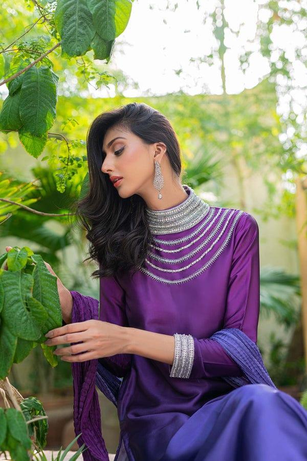 Natasha Kamal - Violet Charmeuse Silk Shirt with Raw Silk Pants and Silk Dupatta - 3 Pieces - Studio by TCS