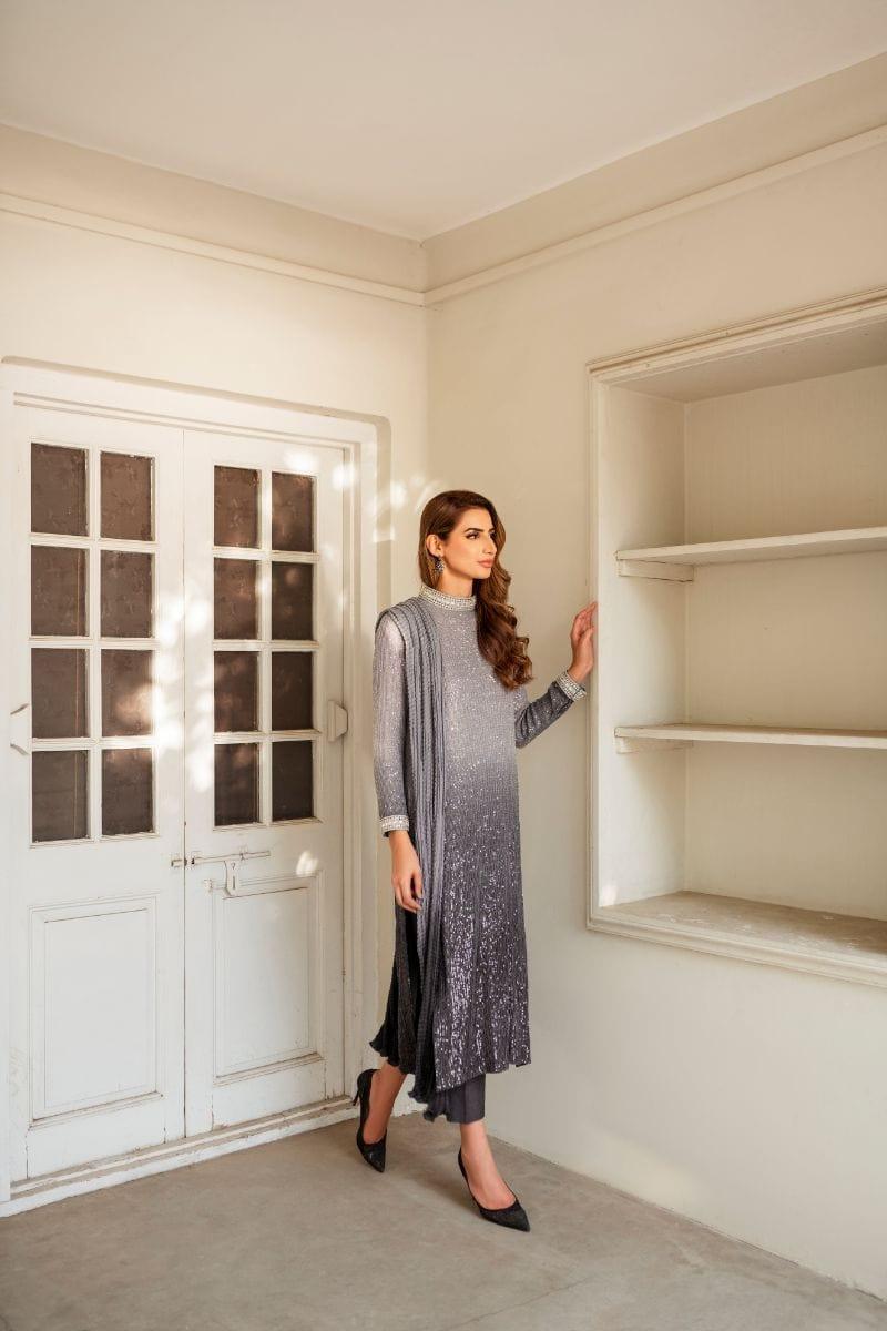 Natasha Kamal - Grey Embroidered Shirt and Pants with Ombre Crushed Silk Dupatta - 3 Piece