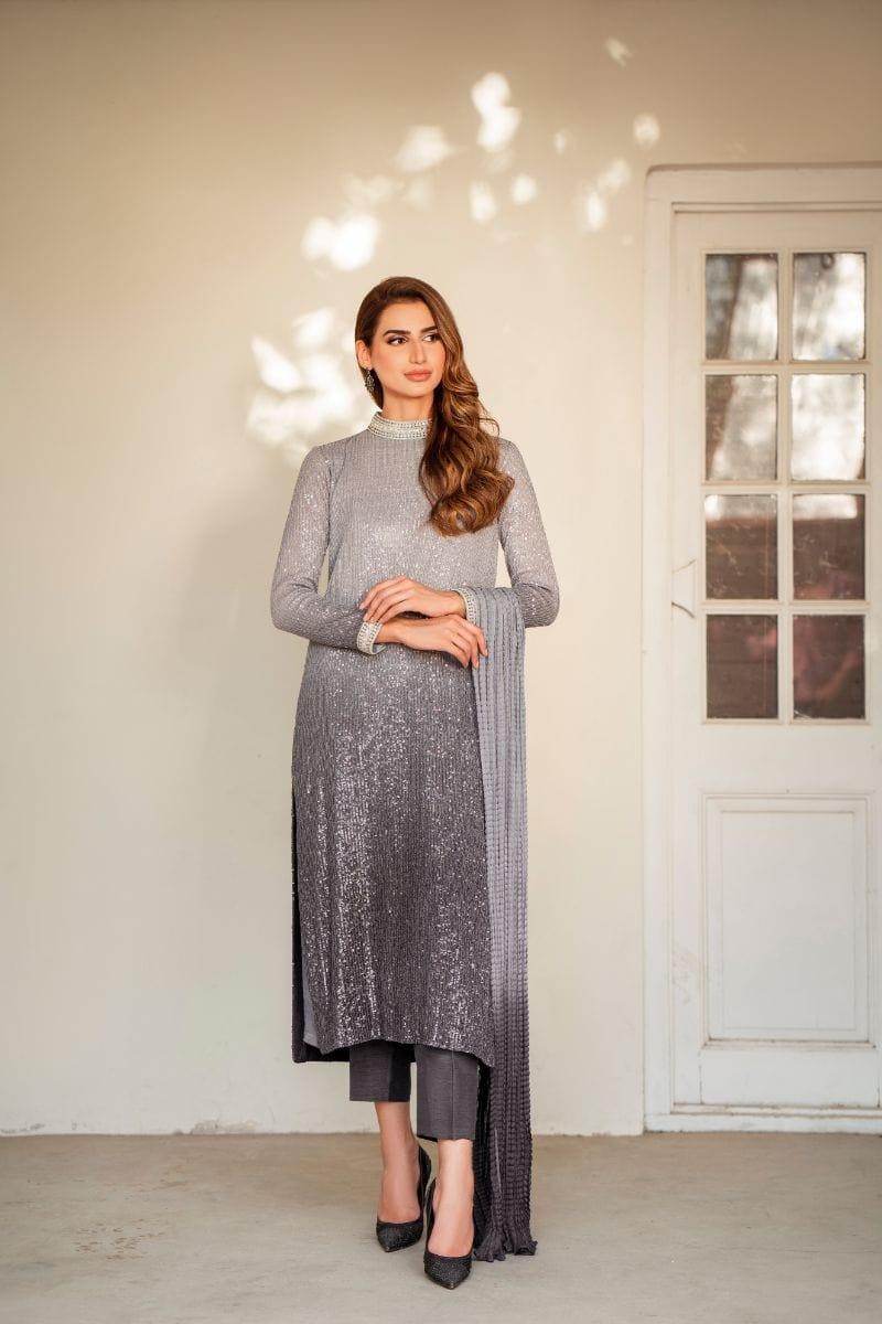 Natasha Kamal - Grey Embroidered Shirt and Pants with Ombre Crushed Silk Dupatta - 3 Piece