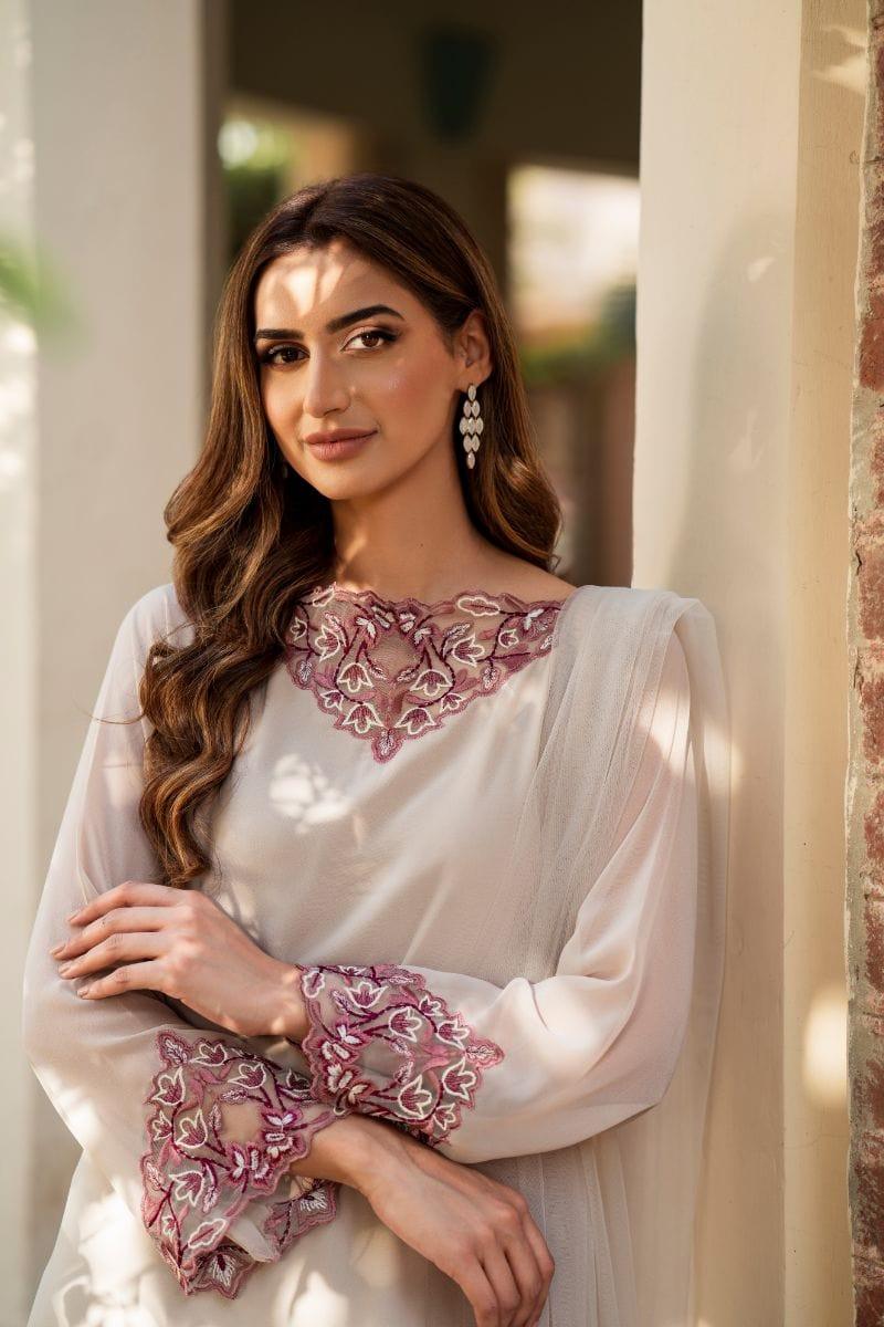 Natasha Kamal - Parfait Nude Embroidered Shirt and Pants with Net Dupatta - 3 Pieces