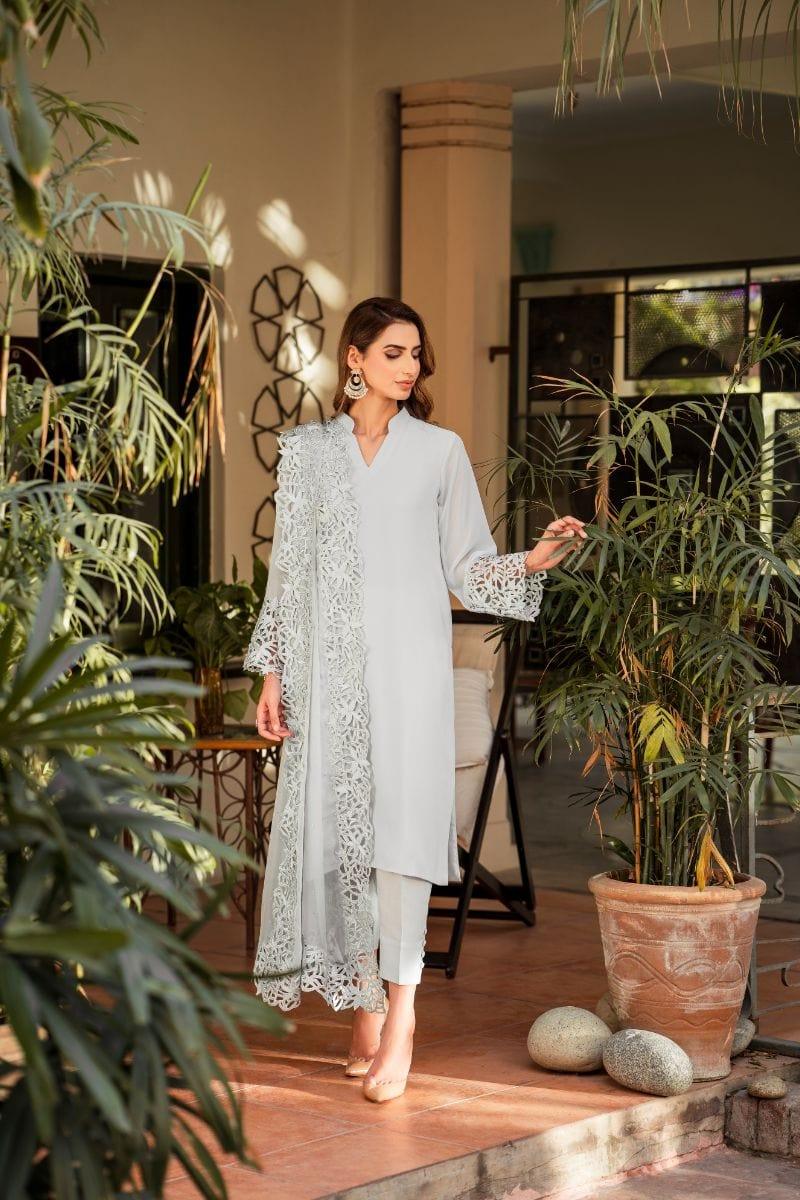 Natasha Kamal - Powder Blue Georgette Chiffon Shirt and Viscose Silk Pants with Mukesh Chiffon Dupatta - 3 Pieces