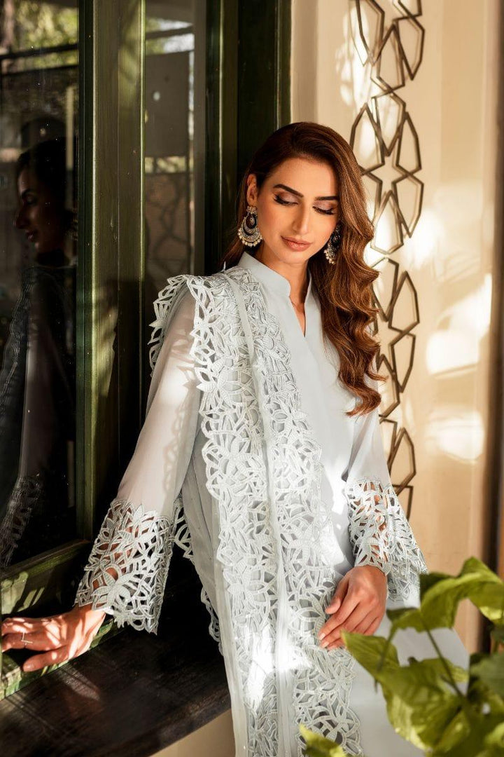 Natasha Kamal - Powder Blue Georgette Chiffon Shirt and Viscose Silk Pants with Mukesh Chiffon Dupatta - 3 Pieces