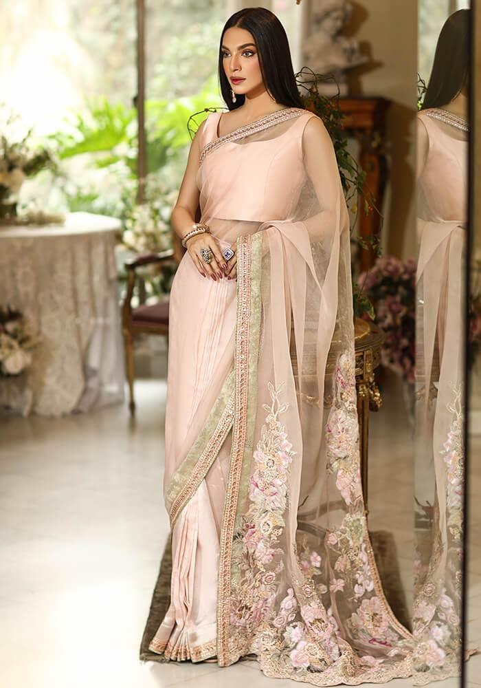 Nilofer Shahid - Camellia's Orchid - Powdered Pink - Saree - 3 Piece