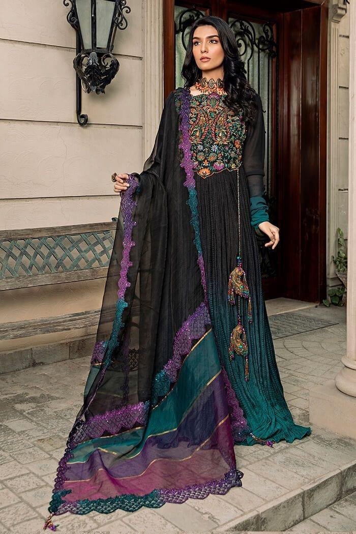 Nilofer Shahid - Floral Eclipse - Black and Teal - Pure Silk - 2 Piece