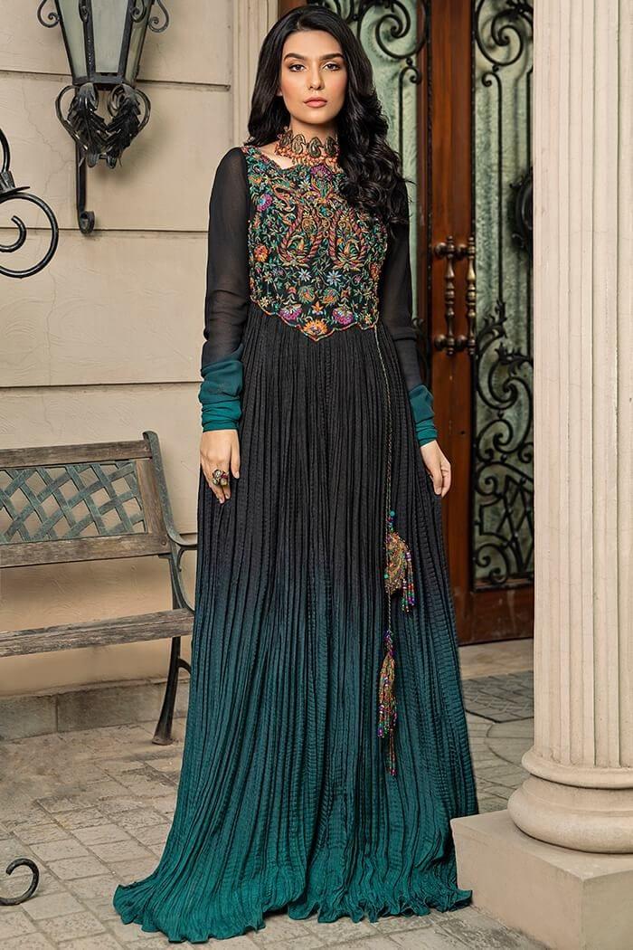 Nilofer Shahid - Floral Eclipse - Black and Teal - Pure Silk - 2 Piece