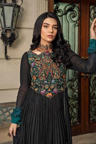 Nilofer Shahid - Floral Eclipse - Black and Teal - Pure Silk - 2 Piece