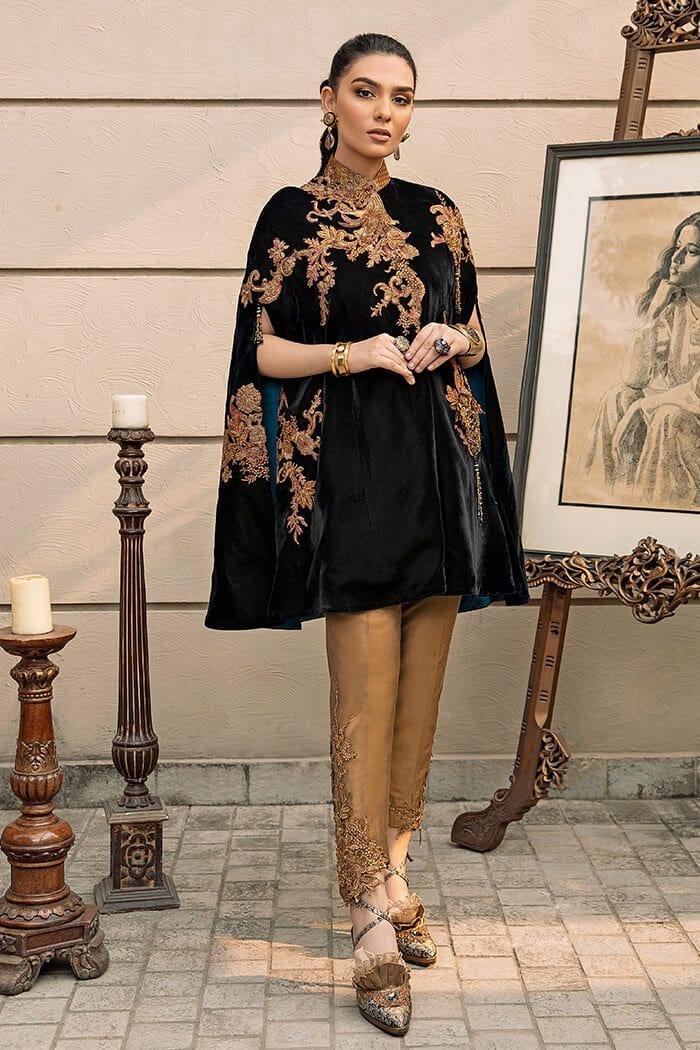 Nilofer Shahid - Mystique - Pure Velvet - Black cape - 2 Piece