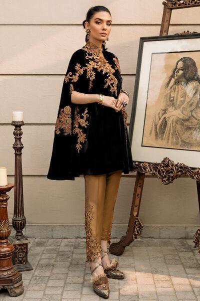 Nilofer Shahid - Mystique - Pure Velvet - Black cape - 2 Piece