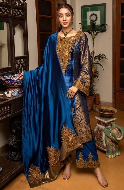 Nilofer Shahid - Sapphire Princess - Pure Velvet Shirt - 3 Piece