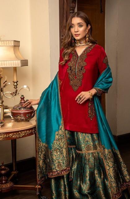Nilofer Shahid - Teal Vibrance - Pure Velvet Shirt - Gharara - 3 Piece