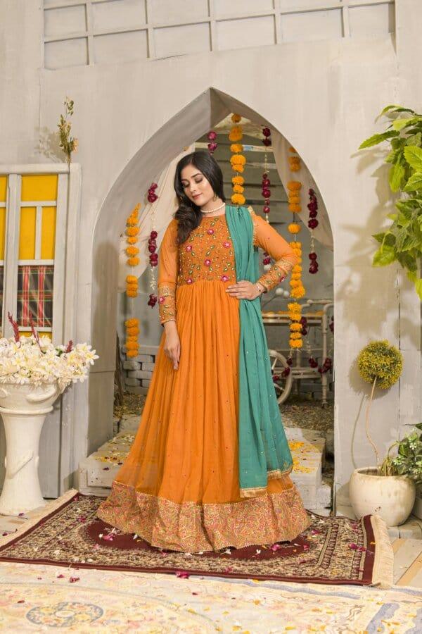 Ruby Couture - Laila - Mustard Korean Net Embroidered Pishwas with Raw Silk Pants