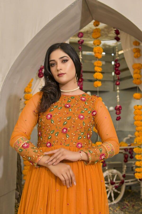 Ruby Couture - Laila - Mustard Korean Net Embroidered Pishwas with Raw Silk Pants