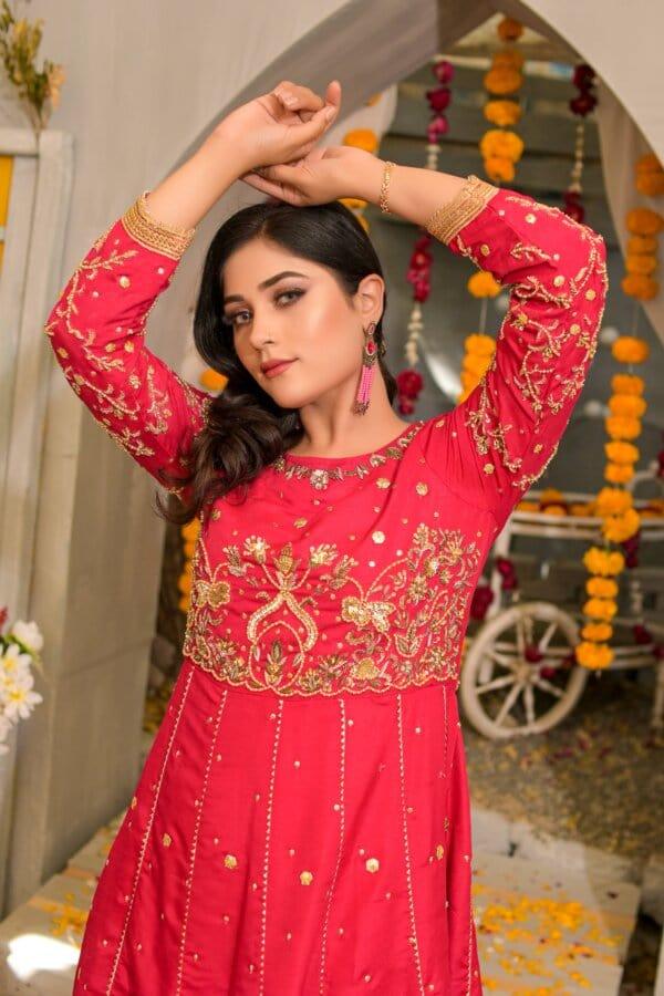 Rubys Couture - Hot Pink Silk Embroidered Anarkali with Raw Silk Pants  - Pari
