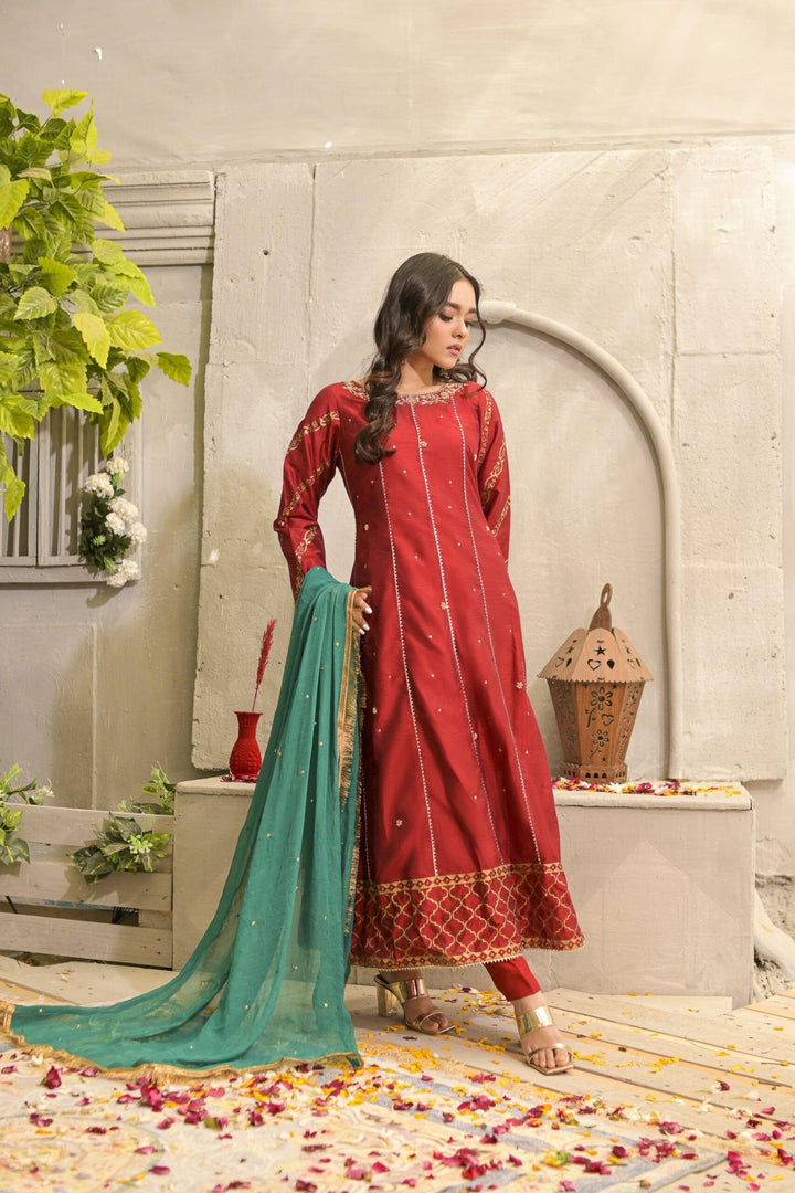 Rubys Couture - Red Silk Embroidered Pishwas with Raw Silk Pants - Maharani