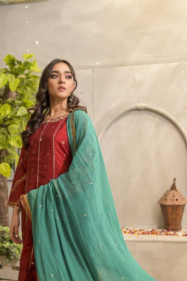 Rubys Couture - Red Silk Embroidered Pishwas with Raw Silk Pants - Maharani