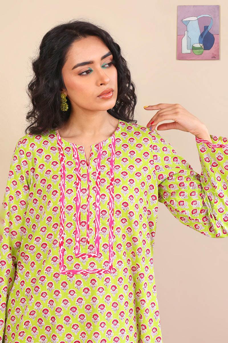Generation - 2-Piece Block Printed Saga Set - Green - Voile