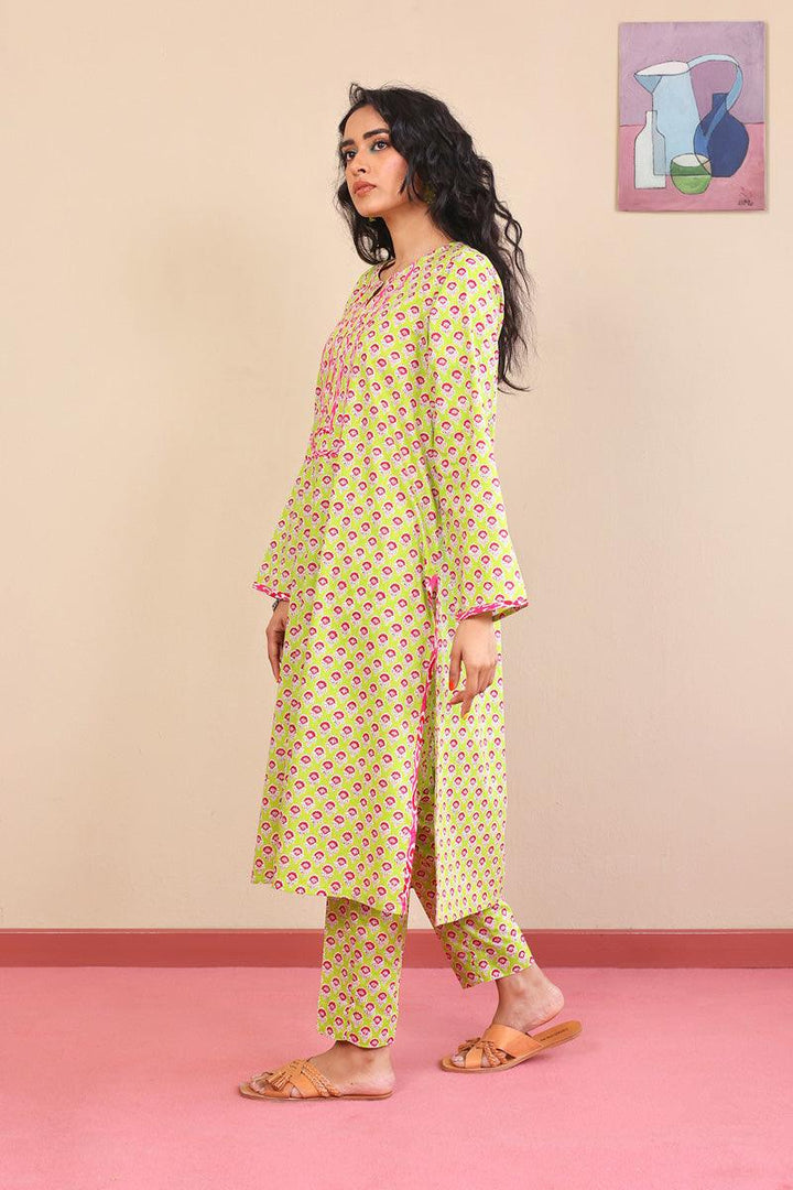 Generation - 2-Piece Block Printed Saga Set - Green - Voile
