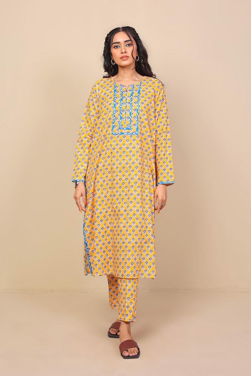 Generation - 2-Piece Block Printed Saga Set - Mango Yellow - Voile