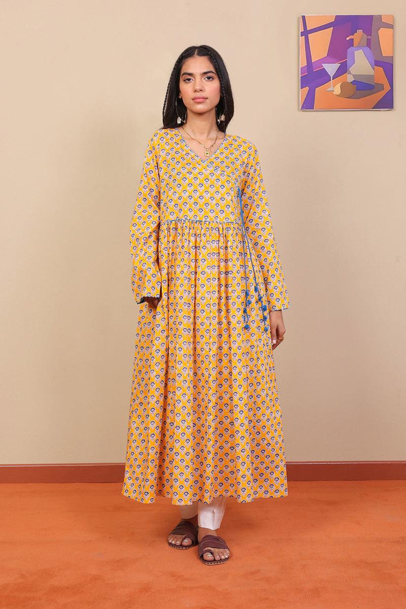 Generation - Block Printed Saga Dress - Mango Yellow - Voile