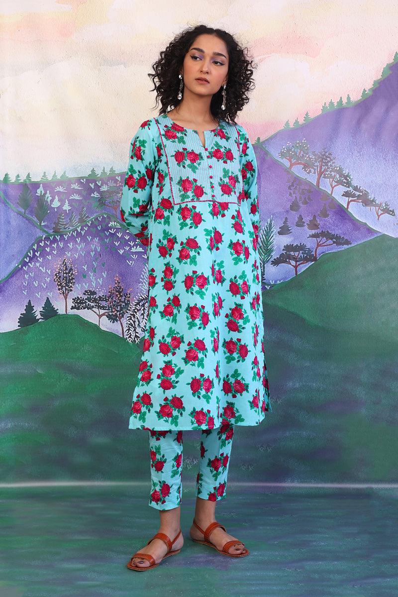 Generation - 2 Piece - Gulab Floral Matching Set - Sky Blue - Lawn