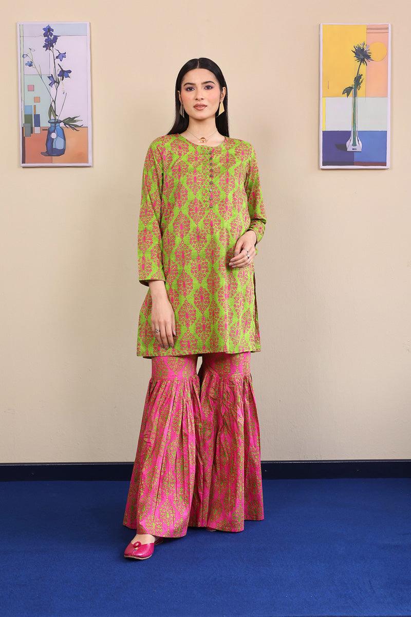 Generation - 2-Piece Thappa Gharara Set - Green - Voile
