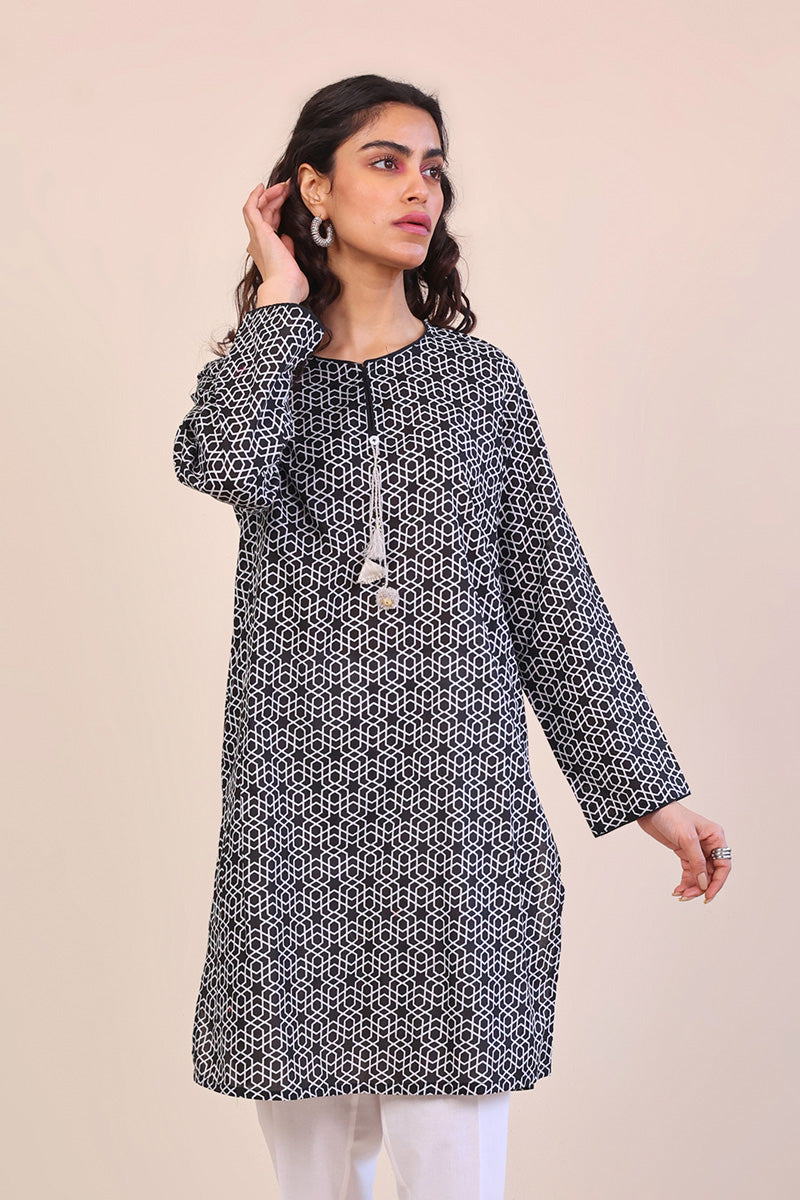 Generation - 1 Piece - Geometric Kurti - Black - Lawn