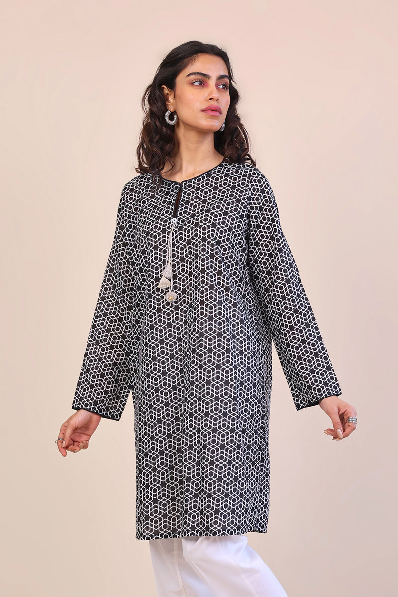 Generation - 1 Piece - Geometric Kurti - Black - Lawn