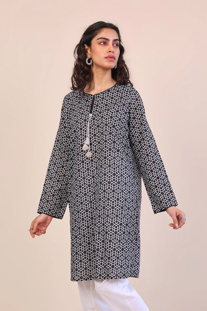 Generation - 1 Piece - Geometric Kurti - Black - Lawn