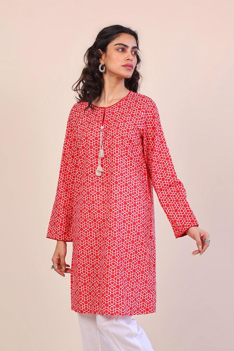 Generation - Geometric Kurta - Red - Lawn - 1 Piece