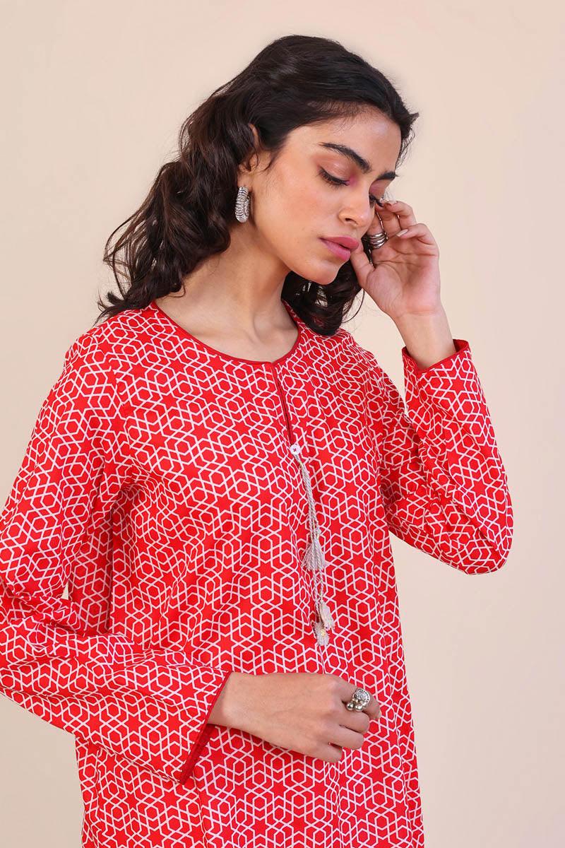 Generation - Geometric Kurta - Red - Lawn - 1 Piece