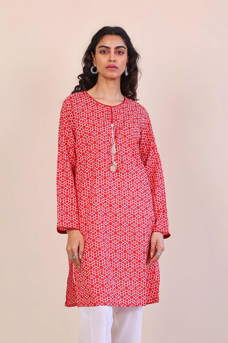 Generation - Geometric Kurta - Red - Lawn - 1 Piece
