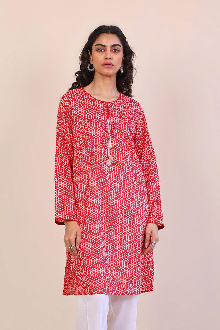 Generation - Geometric Kurta - Red - Lawn - 1 Piece