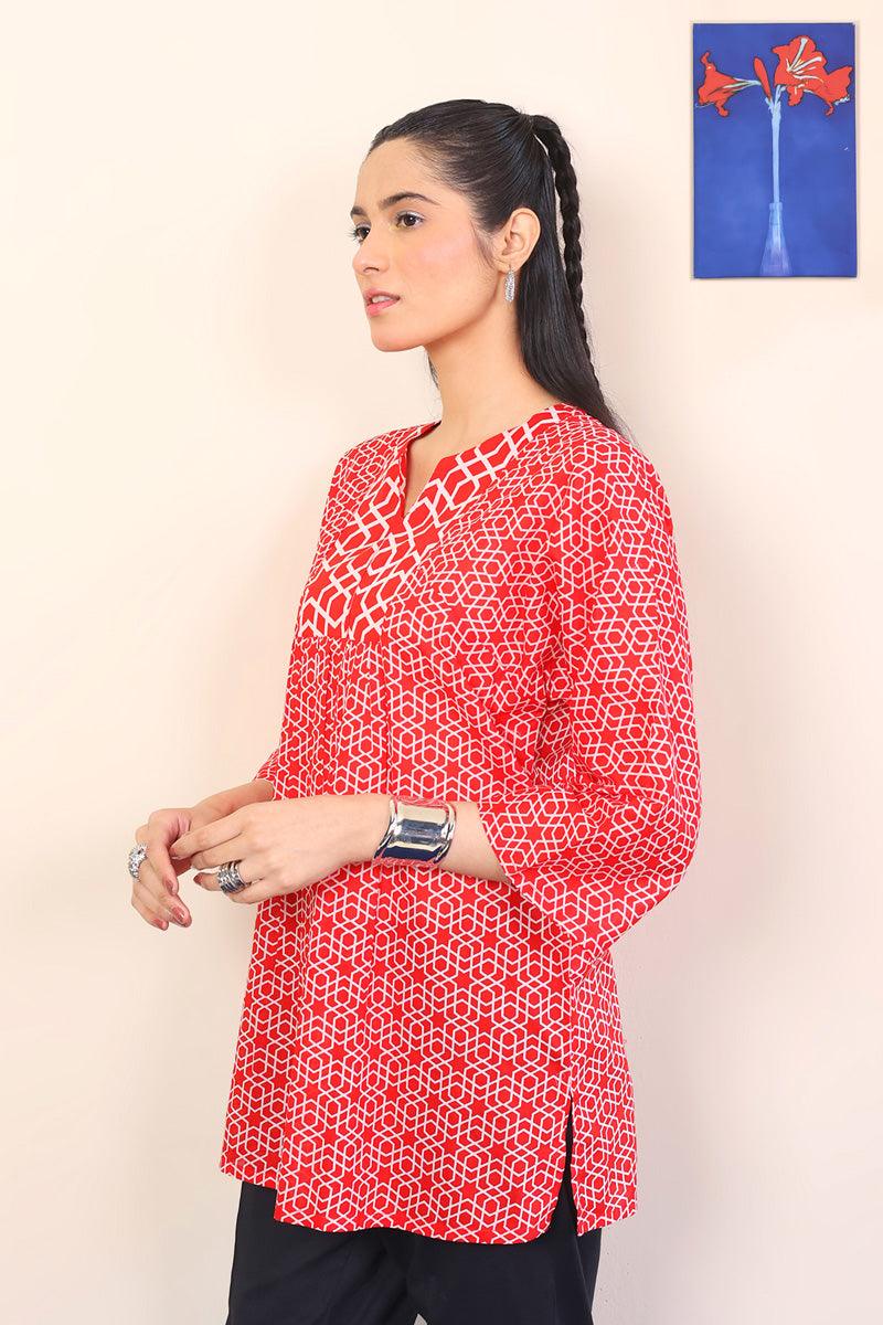 Generation - Geometric Kurta - Red - Lawn - 1 Piece