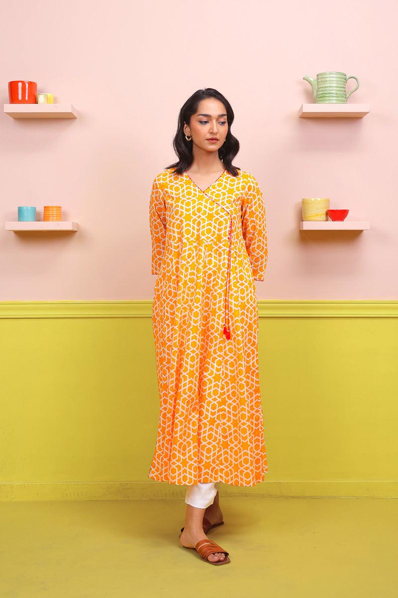 Generation - Geometric Dress - Mango Yellow - Lawn - 1 Piece
