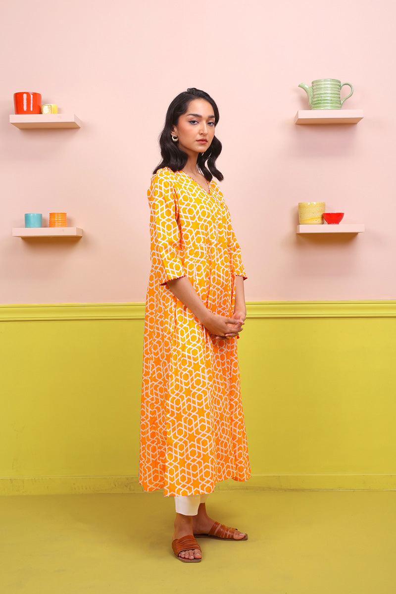 Generation - Geometric Dress - Mango Yellow - Lawn - 1 Piece